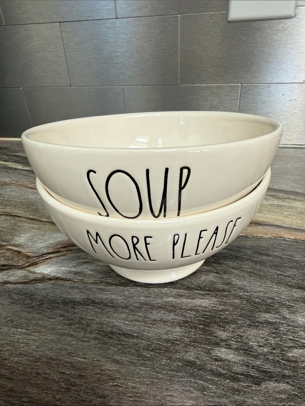 Rae Dunn Cream Ceramic Bowls with 'Soup' and 'More Please' Text - Set of 2